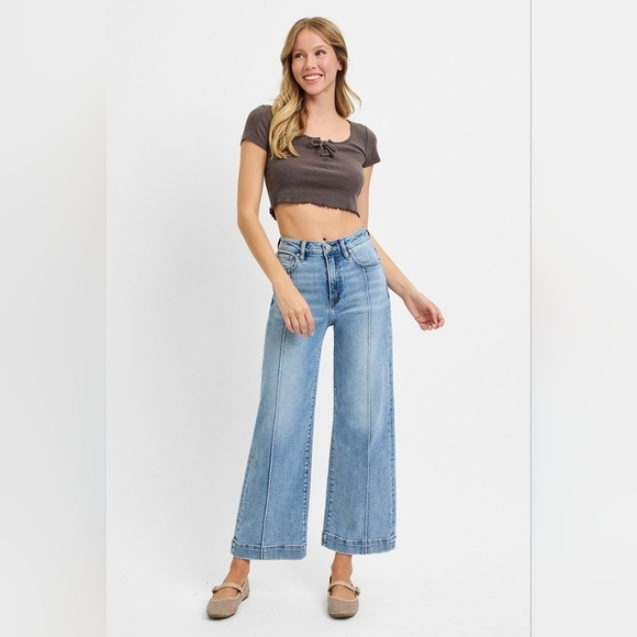 Risen Jeans Denim - Risen High Rise Light Wash Wide Leg Cropped Ankle Jeans Front Seam Various NEW